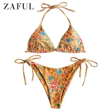 ZAFUL Sell Plant Print Braided String Bikini Set Women Sexy Bathing Suit Beach Brazilian Swimsuit Halter Bandage Bikini Swimwear zaful bikini new padded spaghetti straps bikini set cami string bralette bathing suit swimwear brazilian swimsuit women biquni