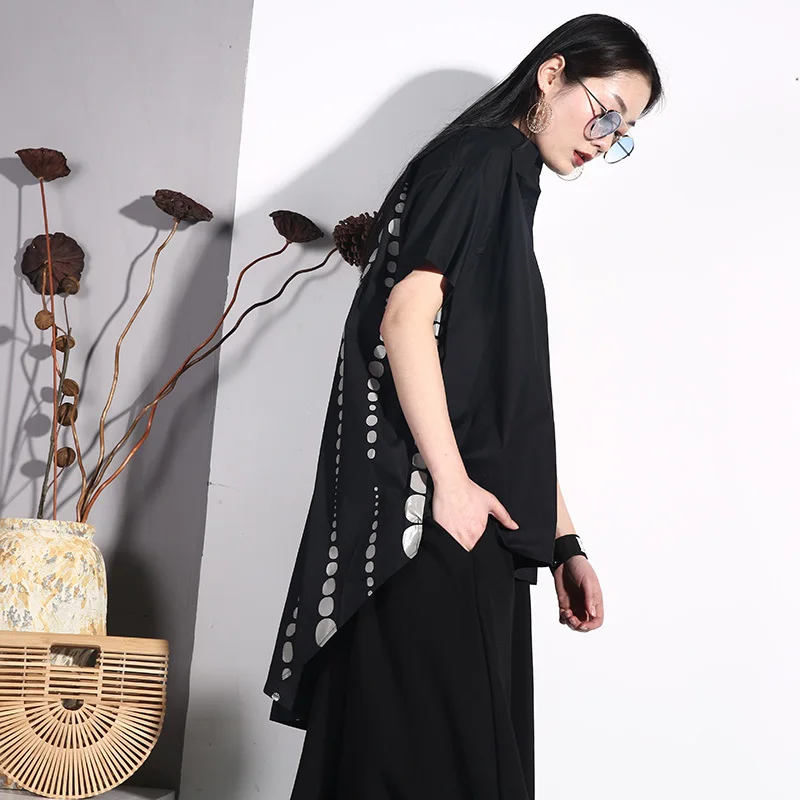  EAM 2020 New Spring summer Lapel Short Sleeve Black Back Dot Striped Stitch Irregular Hem Loose Shi
