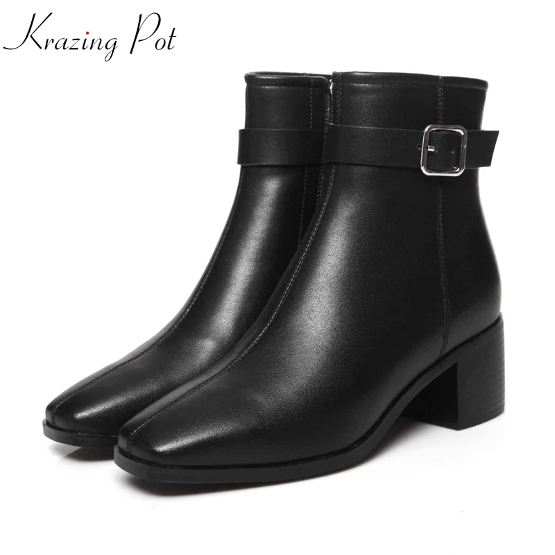 

Krazing pot genuine leather thick high heels Winter square toe original design fashion fashion metal decoration ankle boots l64