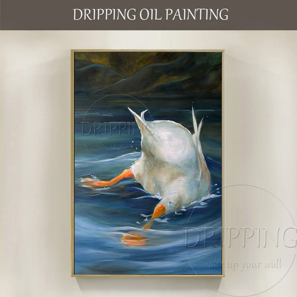 

Funny Design Artist Hand-painted Diving Duck Fishing Oil Painting on Canvas Funny Duck Catch Fish Oil Painting for Kitchen Decor