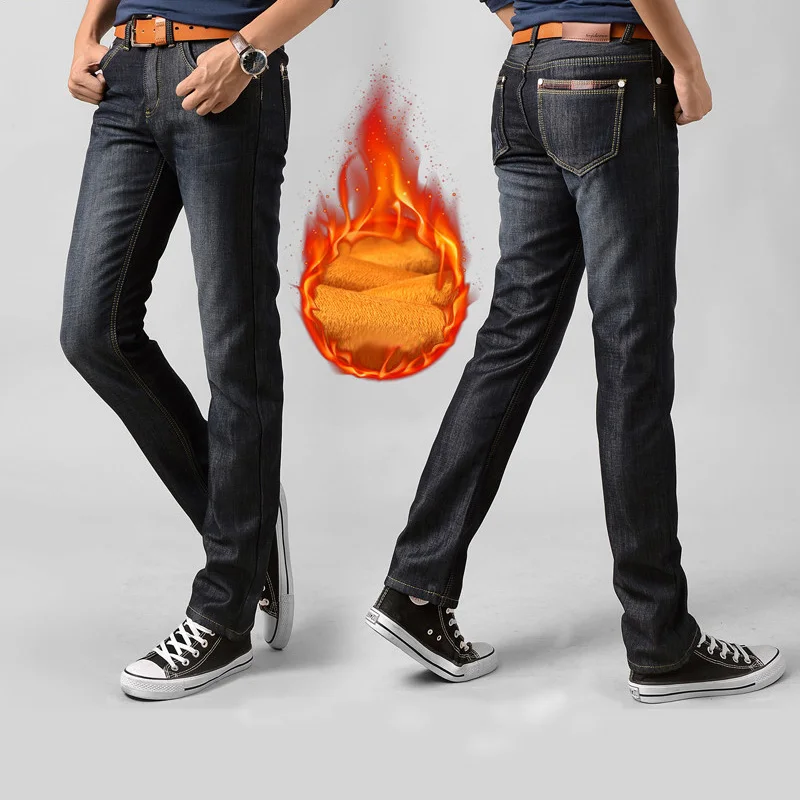 Мужчины Сгустите Прямые Denim Жан Теплый Плюс Бархат Мода Slim Брюки Осенние И Зимние
