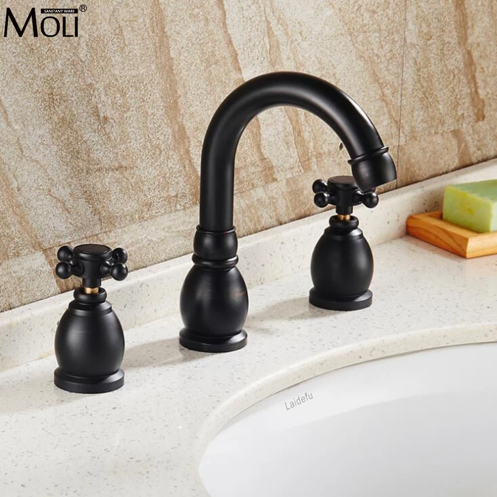 

Bathroom Widespread Sink Faucet Dual Handle 3 hole Basin Sink Faucet Hot and Cold Water Mixer Crane Oil Rubble Bronze Finished