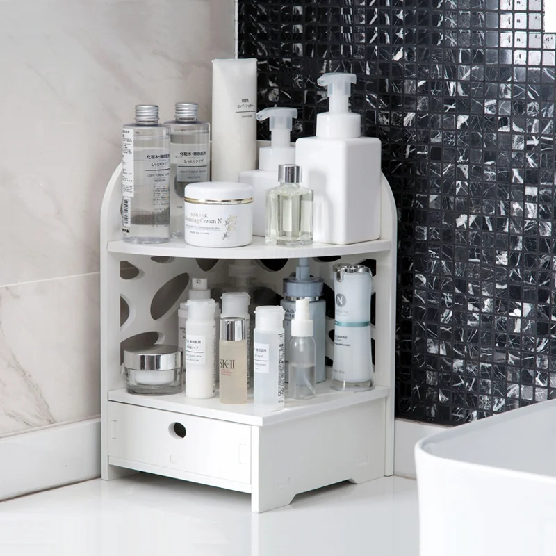 

wood shelf rack with drawer multi-layer tripod Bathroom bathroom corner storage rack