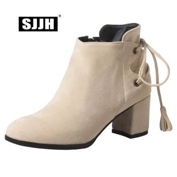 

SJJH Women Flock Ankle Boots with Round Toe Chunky Fringe Short Plush Chelsea Boots Winter Roman Fashion Shoes Large Size A1137