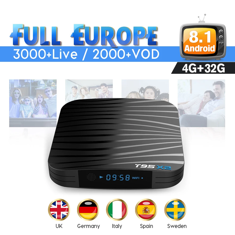 

IPTV Sweden Belgium T95X2 4G 32G Android 8.1 Full HD TV box with 1 Year IUDTV Code IPTV Italy France Arabic Germany top box