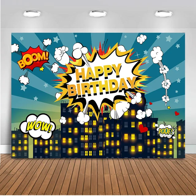 Superhero Backdrop Happy Birthday Theme Party Decoration Banner Boom
