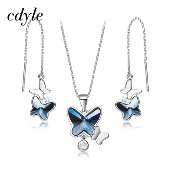 

Cdyle 925 Sterling Silver Butterfly Jewelry Set Embellished with crystal Necklace And Earing Set For Women