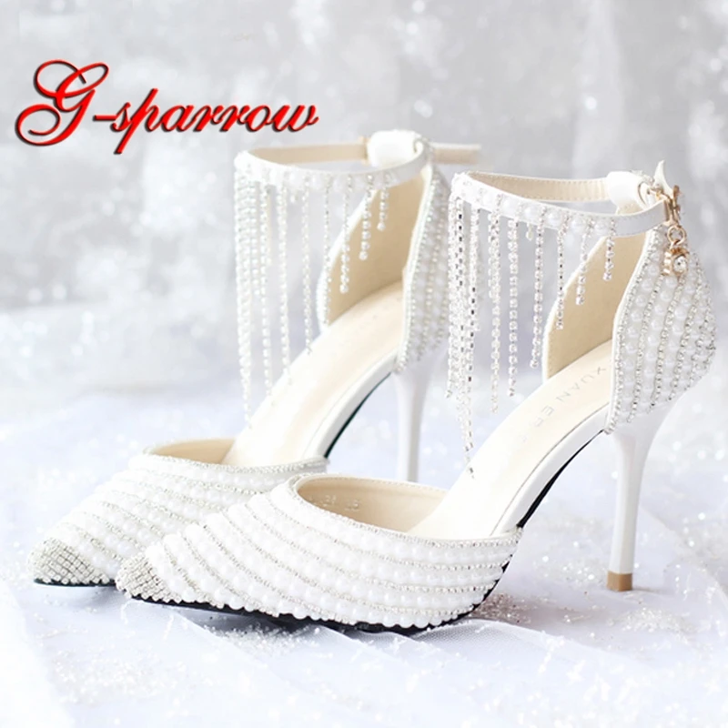 Summer White Pearl Wedding Shoes Tassel Ankle Strap Rhinestone Evening