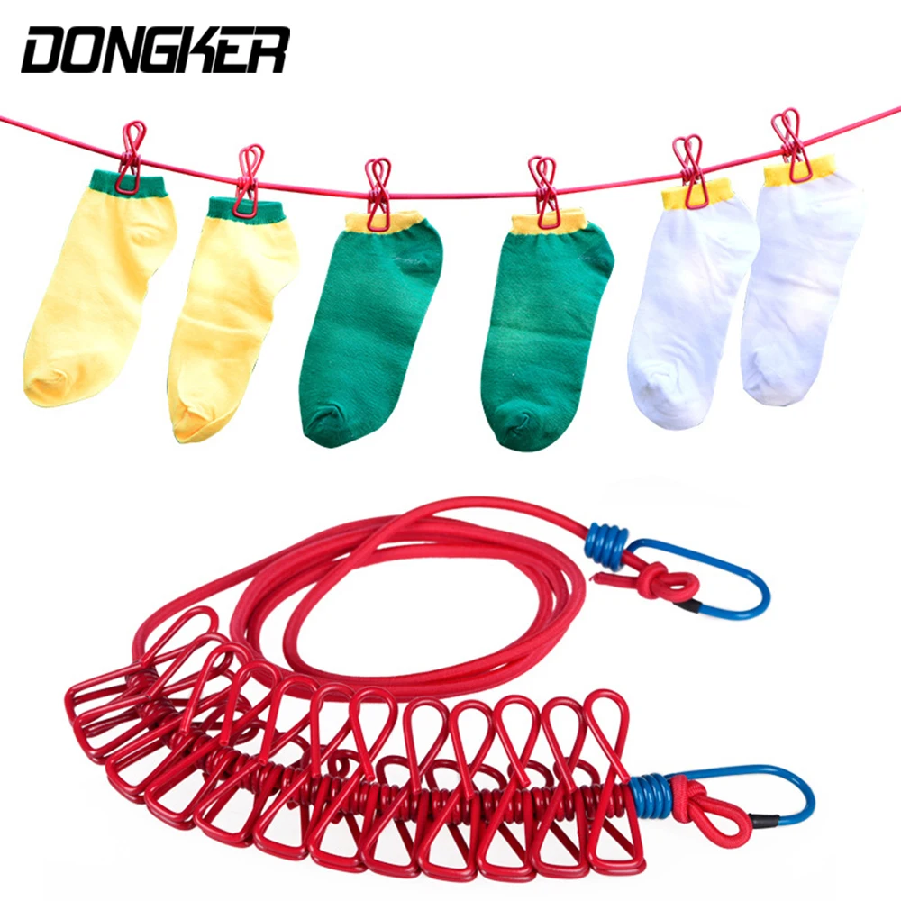 Elastic Washing Line With 12 Clips Outdoor Travel Camping Portable