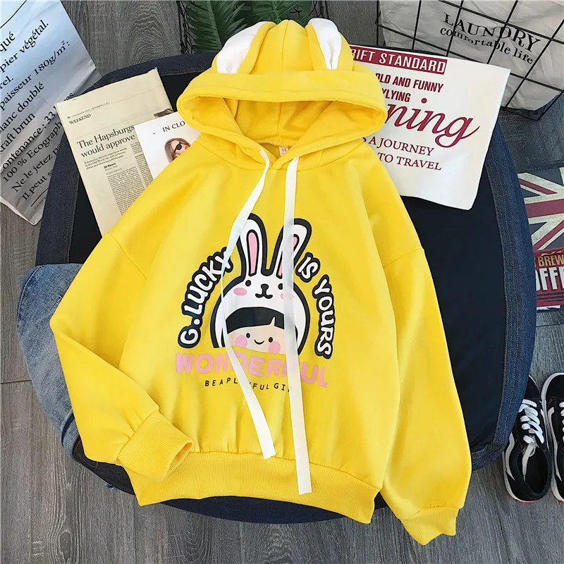 Kawaii толстовки для девочек кролик длинное ухо Sudadera мультфильм печати Толстовка для женщин зима плюс бархат Теплый пуловер топ размера плюс 2XL - Цвет: Цвет: желтый