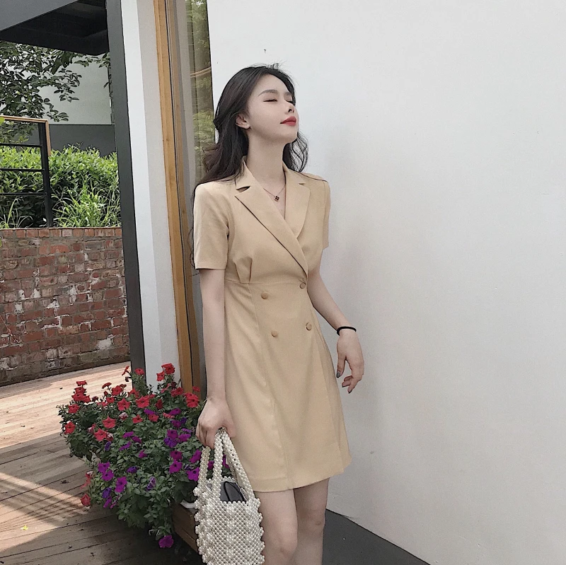 

2019 New Summer Vintage Dress Double-breasted Short-sleeved Suit Dress High Waist Slim Dresses Vestidos