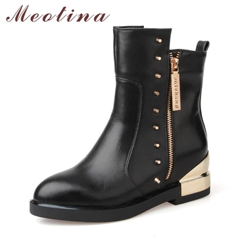 

Meotina Genuine Leather Boots Women Rivets Mid Calf Boots Thick Heels Riding Boots 2018 Ladies Shoes Autumn Black Clearance