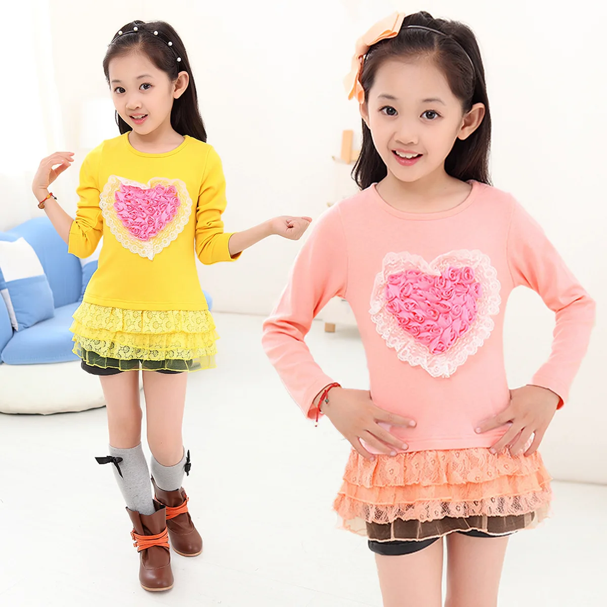 

Female Children's Wear New Spring Bud Girls Korean Cotton Long Sleeve T-shirt Kids Clothing Pink Yellow Heart Lace