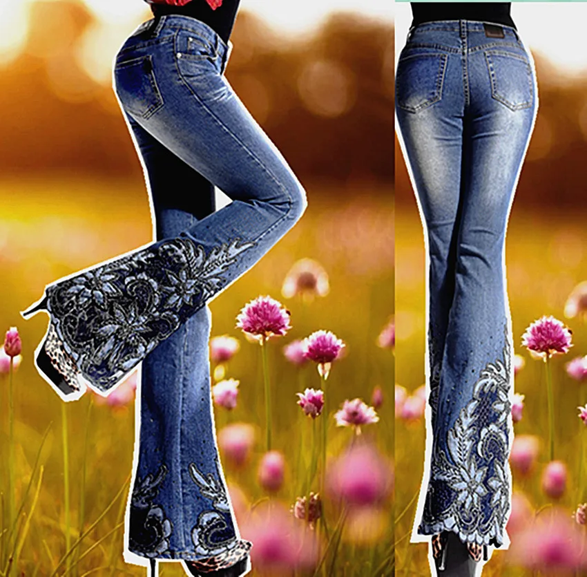 2018 New Spring Luxury Embroidered Flares Mid Waist Big Flared Jeans Female Boot Cut Fine