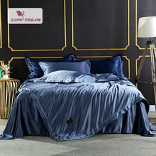 SlowDream Luxury Bedding Set Comforter Silk Duvet Cover Satin Bedspread Silky Linen Double Bed Sheet Blue