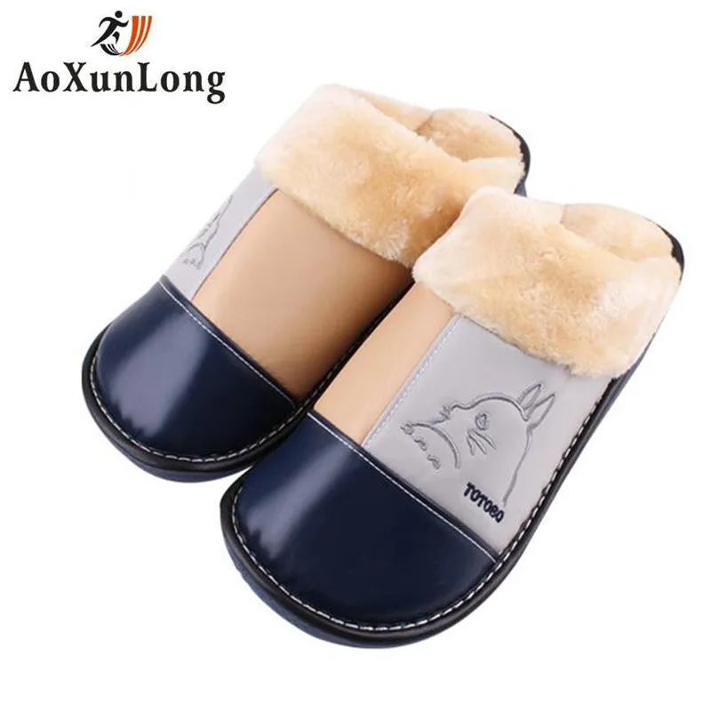 

Winter New Men Slippers High Quality Leather Warm Plush Home Men's Slippers Clamshell Slide Indoor Slippers Men Big Size 43-47