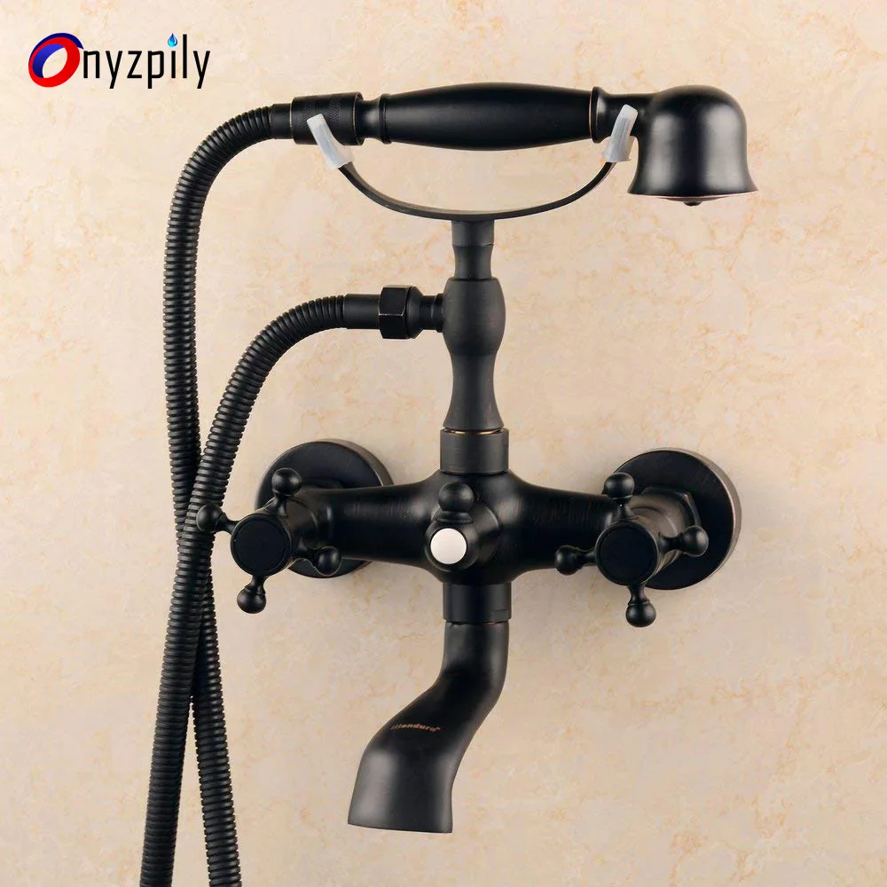 Onyzpily Black Bathtub Faucet Basin Shower Tap Oil Brushed Brass Bronze Wall Mount Tub Telephone