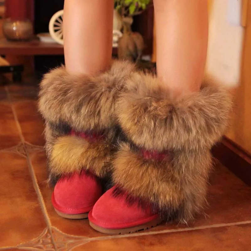 Г. Высококачественные Нескользящие женские зимние ботинки с большим лисьим мехом женская обувь женские зимние ботинки до середины икры из натуральной воловьей кожи - Цвет: red