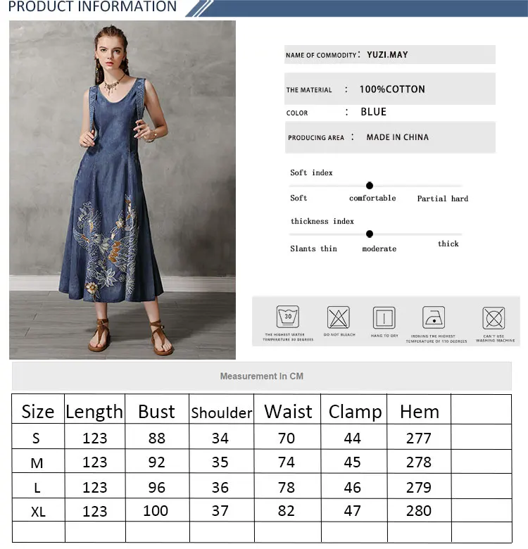 Летнее платье Yuzi. may Boho новые джинсовые женские платья с круглым вырезом без рукавов винтажный сарафан с вышивкой A82168 Vestidos