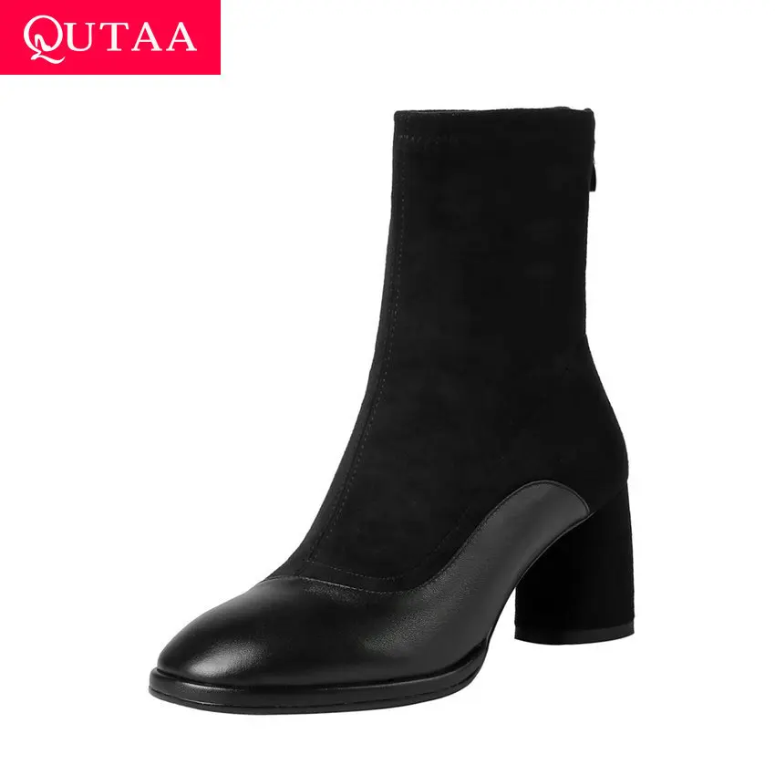 

QUTAA 2020 Patchwork Cow Leather Stretch Fabrics Ankle Boots Round Toe Square High Heel Fashion Winter Women Shoes Size 34-39