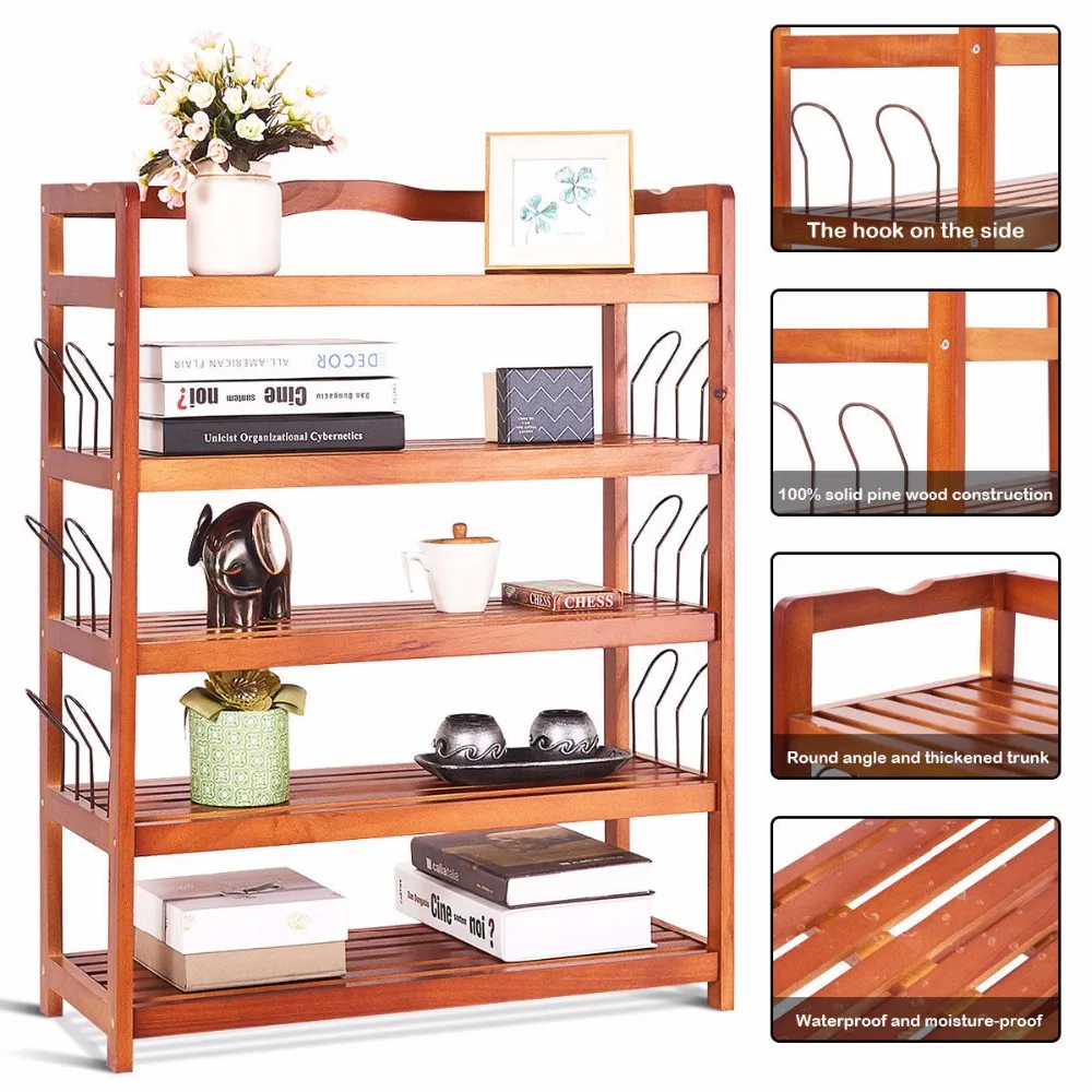 Giantex 5-Tier Wooden Shoe Rack Shelf Storage Organizer Entryway W/ 6 Shoe Stretcher Living Room Furniture HW57486