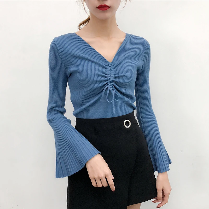 

OllyMurs New Women Slim High Elastic Knitted Sweater Korean Fashion V-neck Ladies Tops Pullover Flare Sleeve Sweaters Knitwear