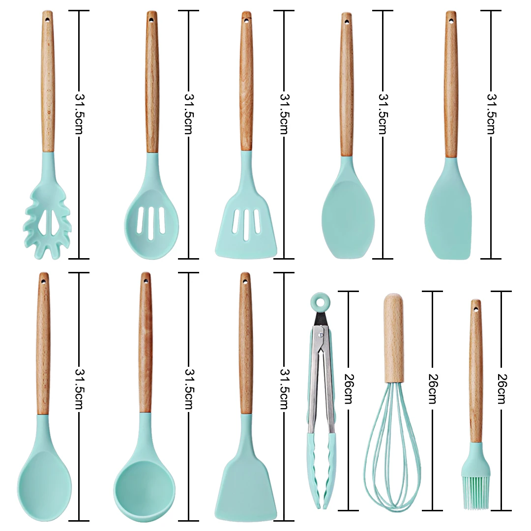 11pcs Silicone Kitchen Utensils Set Nonstick Cooking Baking Tools with Bamboo Wood Handles Cookware Kitchenware for Pots Pans