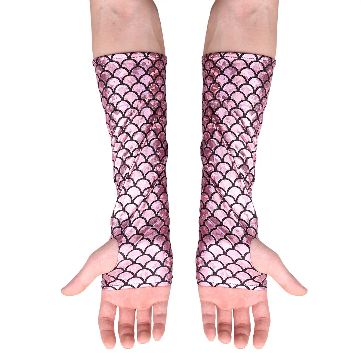 Adult Mermaid Arm Sleeves Gloves Fish Scale Pattern Printed Fingerless Long Gloves Arm Sleeves Halloween Costume Accessory