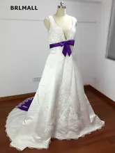 2018 Contrast Color Wedding Dresses Satin Applique Bridal Gowns Custom Made V Neck Real Picture