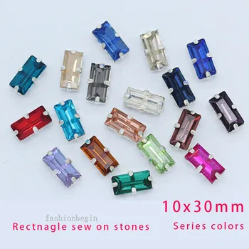 

12p 10x30mm Color rectangle Big fancy cut glass stone sew on crystal rhinestone jewel silver base buckle DIY Garment accessories
