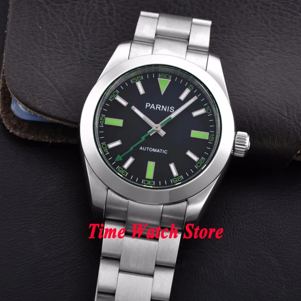 Parnis 40 мм черный циферблат зеленые светящиеся знаки flash hand sapphire glass MIYOTA