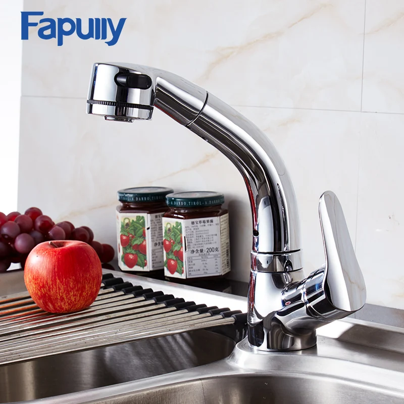  Fapully cupc mixer tap flexible pull down brass kitchen sink faucet, Chrome