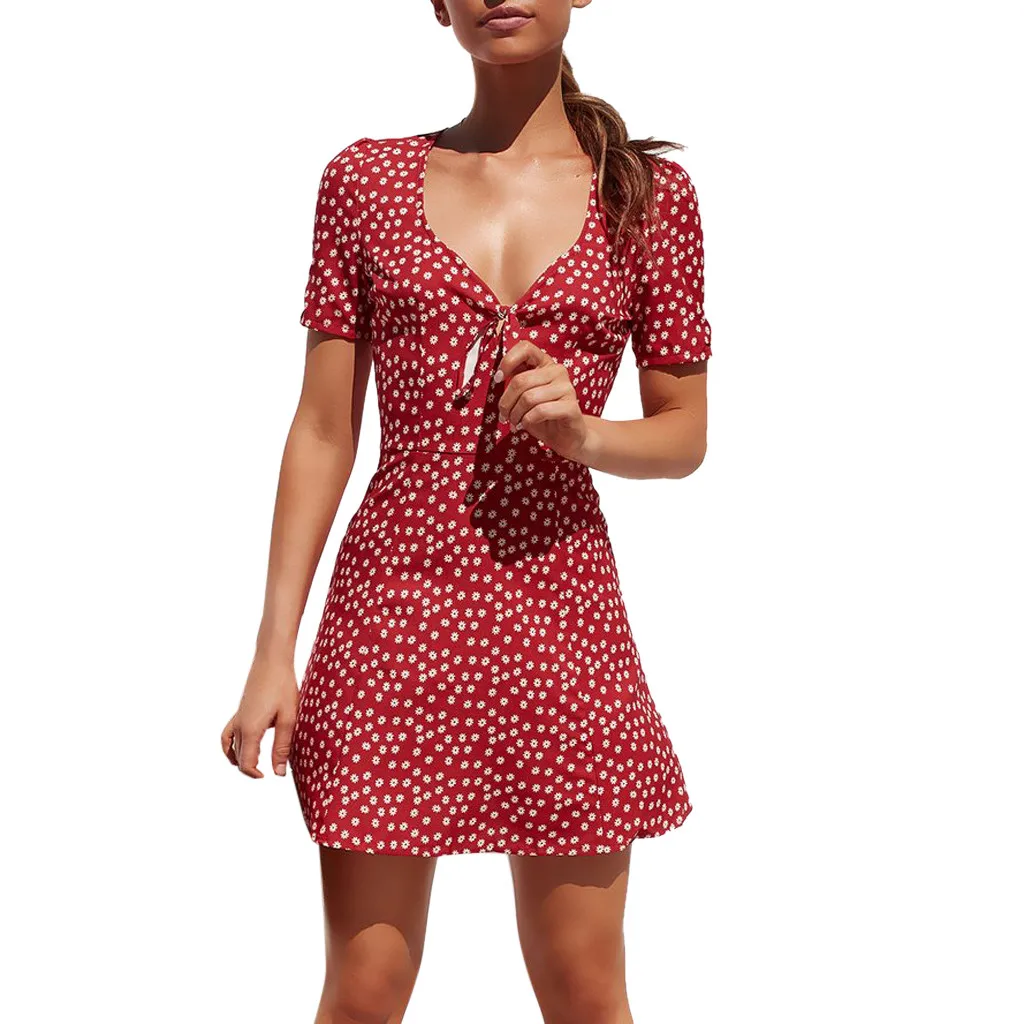 Летнее платье, женское летнее Мини-Платье, женское облегающее пляжное платье с коротким рукавом, вечерние сарафаны в горошек, kleider damen vestidos verao - Цвет: Красный