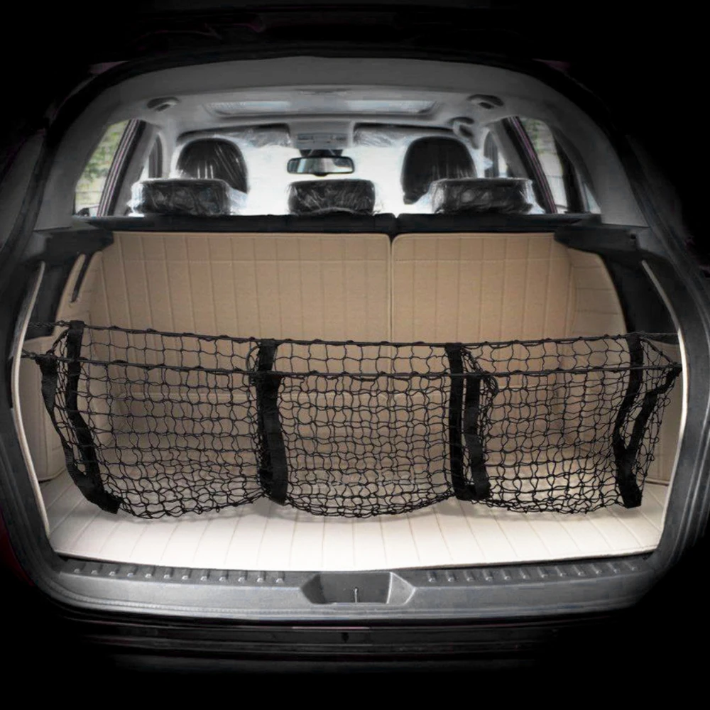 MICTUNING Three Pockets Trunk Organizer Storage Net Heavy Duty Cargo Net for Car SUV Pickup Bed Black Mesh Four Metal Carabiners