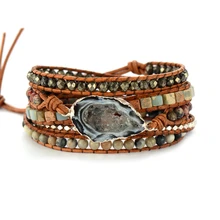 Кожаные браслеты ручной работы из натуральных камней Drusy очаровательные Многослойные браслеты ручной работы браслеты в стиле бохо подарки