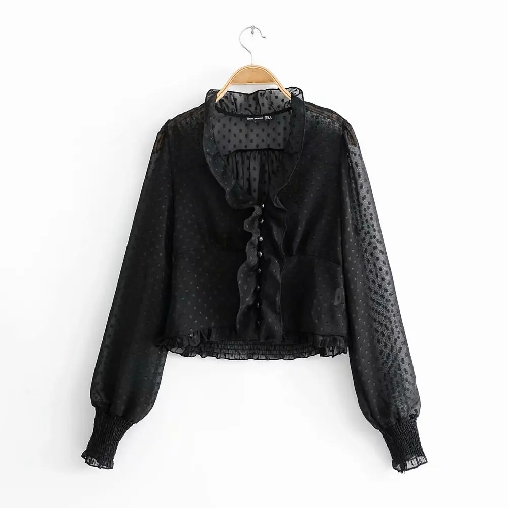 

women vintage sexy v neck perspective polka dots black chiffon Blouse shirt women casual ruffles Blusas brand chic tops LS2741