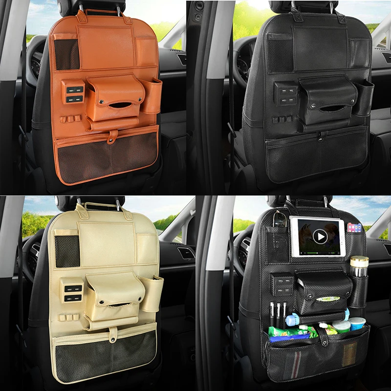 Car Seat Back Bag Organizer on Car 4 USB Charger Storage Pu Leather Travel Multifunction Pocket Stowing Tidying Auto Accessories