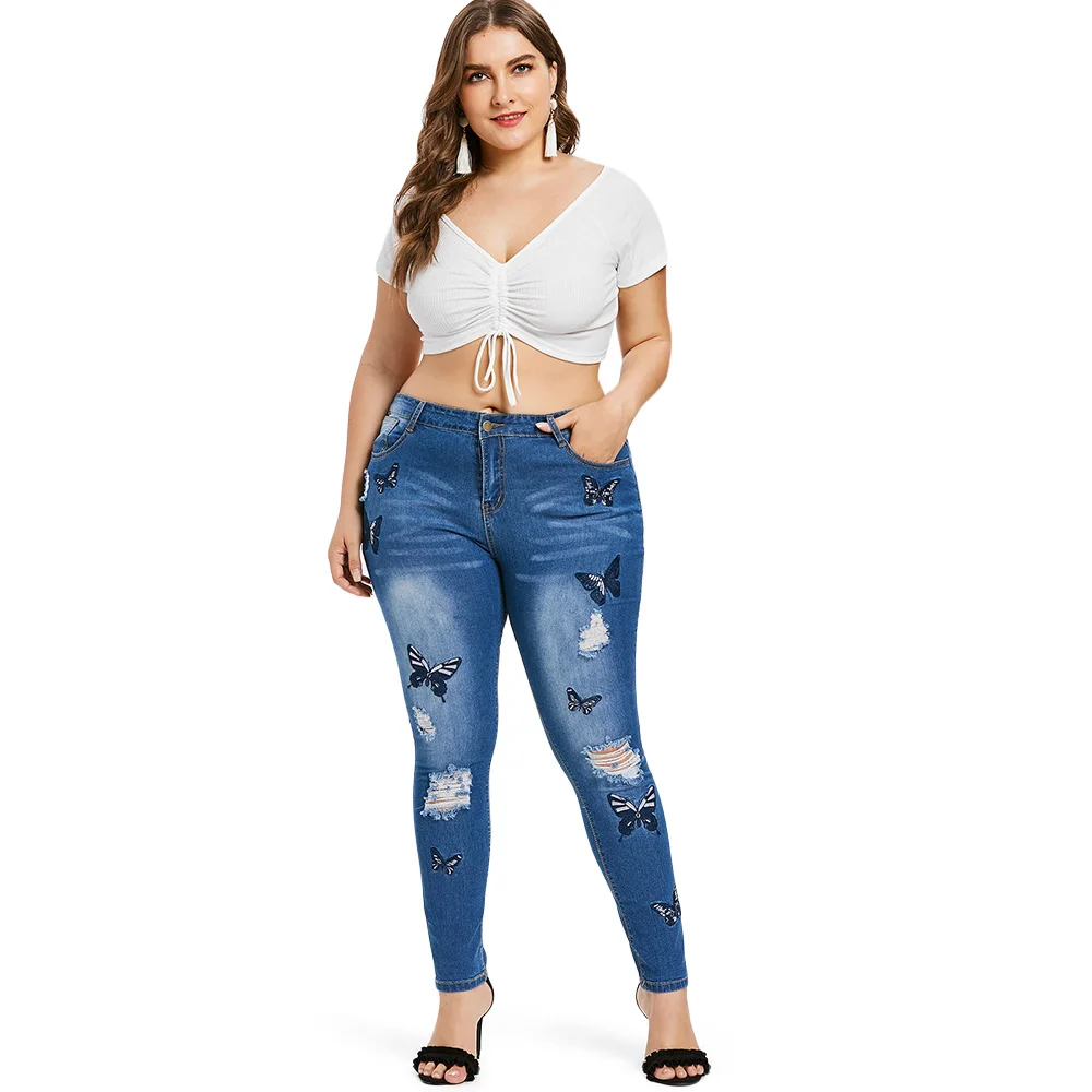 Wipalo размера плюс бабочка потертые вышитые джинсы женские брюки обтягивающие с высокой талией узкие брюки джинсовые женские брюки 5XL