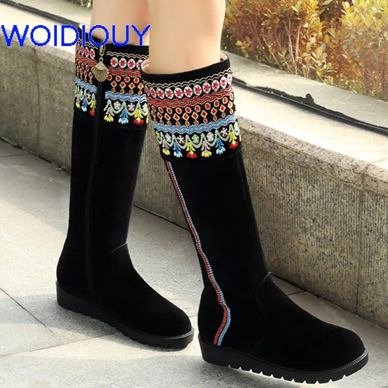 

Fur Warm Zipper Long Boots Flower Embroidery Shoes Women Boots Buckle Strap Handmade Ethnic Shoes Woman Snow Booties Botas Mujer