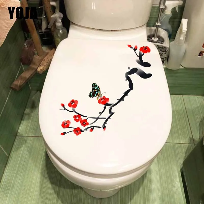 

YOJA 24*9.8CM Butterfly And Red Plum Classical WC Toilet Sticker Home Room Wall Decor Decal T1-0857
