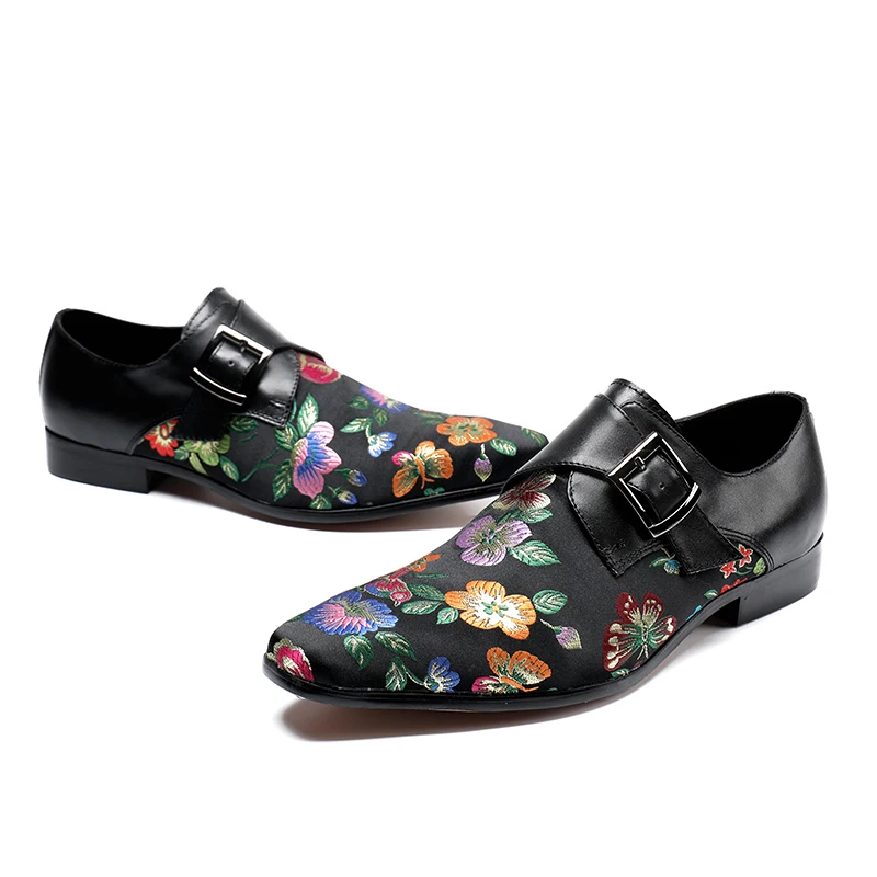 2018 Flower Print Red Black Buckle Design Men Leisure Shoes Pointed Toe Slip On Spring Autumn Casual Party Wedding Zapatos | Обувь