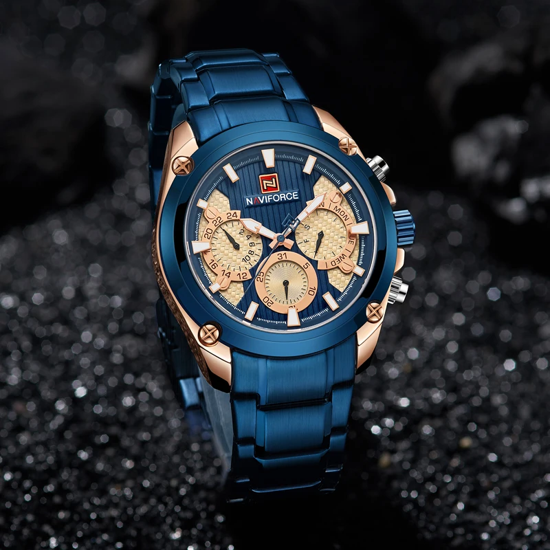 Лучший бренд класса люкс NAVIFORCE синий золотые часы Для мужчин модные спортивные кварцевые Для мужчин s часы Полный Сталь Водонепроницаемый часы Relogio Masculino