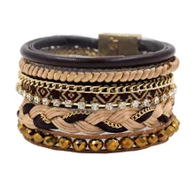 2016 pulseras Multi-layer Leather Wide Bracelets & Bangles with Bead Chain Magnetic Clasp Bracelet for Unisex Girls Woman