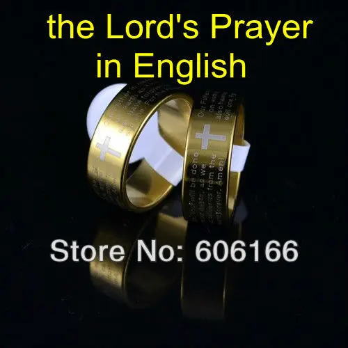 

NEW English Bible Lord's Prayer Cross Ring Gold Tone Stainless Steel Rings Fashion Religious Jewelry