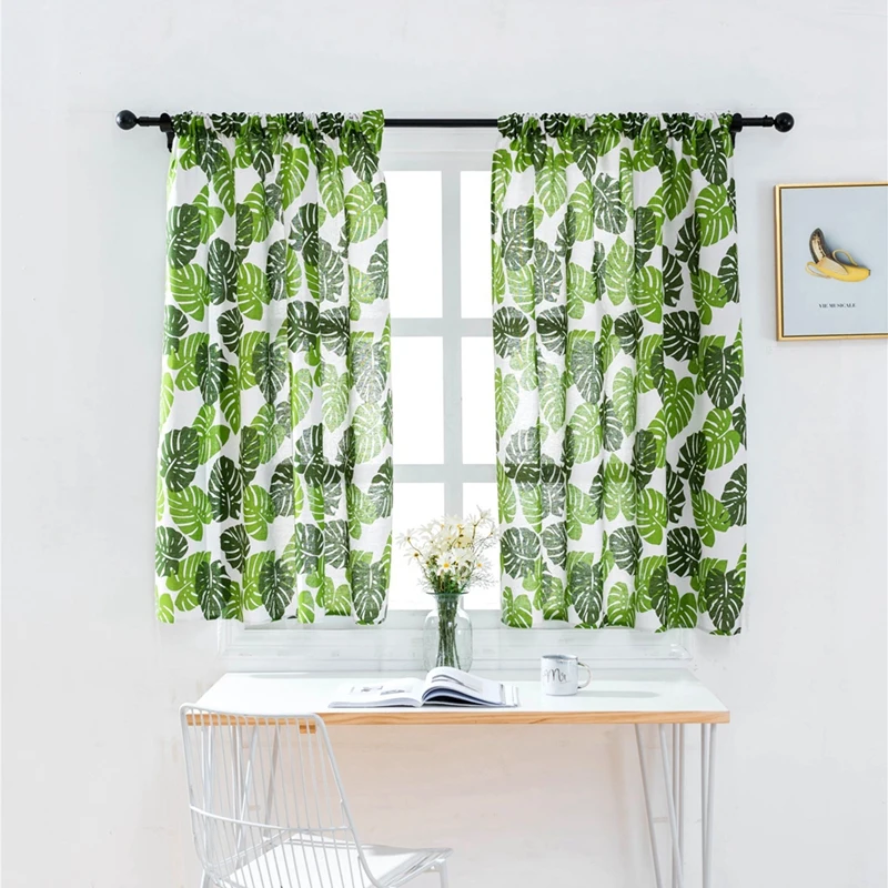 

Half Blackout Printed Green Big Leaves Curtains European style Short Curtain Short Blinds Rod Pocket for Small Window