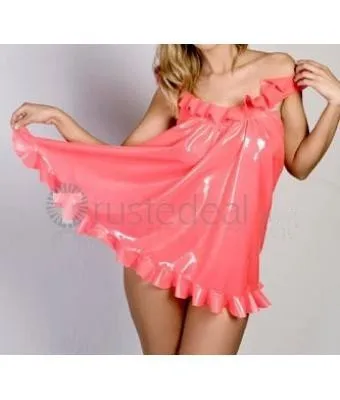 Pink-Latex-Babydolls-Rubber-Dress-With-Falbala-Rubber-Lingerie-Sexy-Night-Skirt
