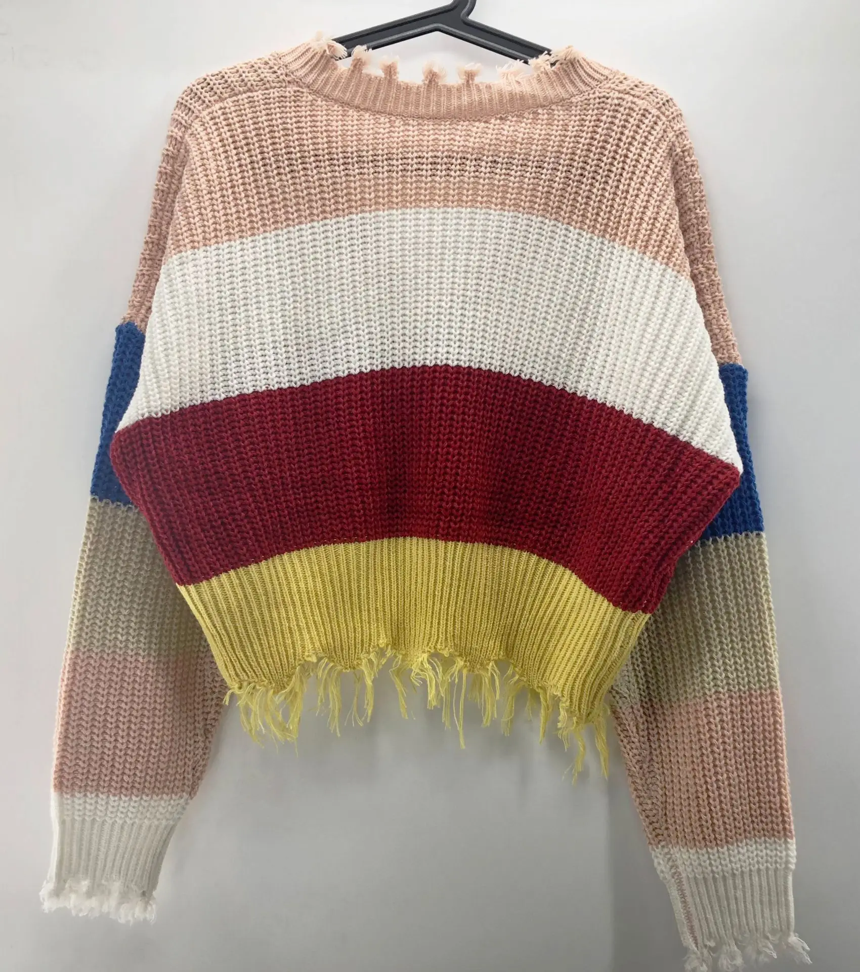 Сексуальные радужные цветные полосатые пуловеры, женский свитер с бахромой и глубоким v-образным вырезом, джемпер, кроп-осенние Вязаные Рубашки, Топы с длинными рукавами-фонариками
