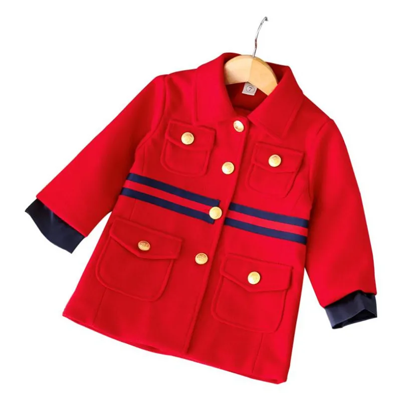

DFXD Fashion Korean Style Children Girls Red Long Single-breasted Turn Down Collar Thick Princess Wool Coat 2-8Years