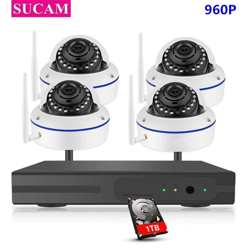 

SUCAM 4CH CCTV System Wireless 960P NVR 4PCS 1.3MP IR P2P Dome Wifi IP CCTV Security Camera System Surveillance Kit 1TB HDD