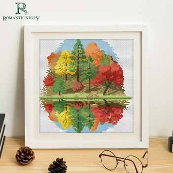 

Romantic Story Cross Stitch Kit DIY Needlework 11 14CT grid printed Sets For Embroidery Landscape,reflection,deer drinking water